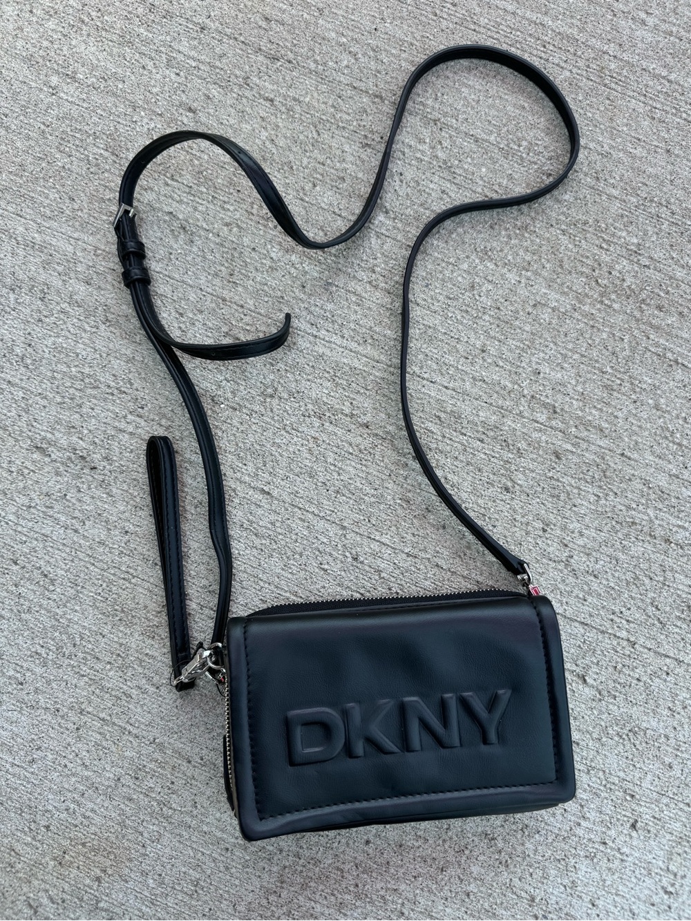 DKNY Black Embossed Logo Compact Crossbody Bag